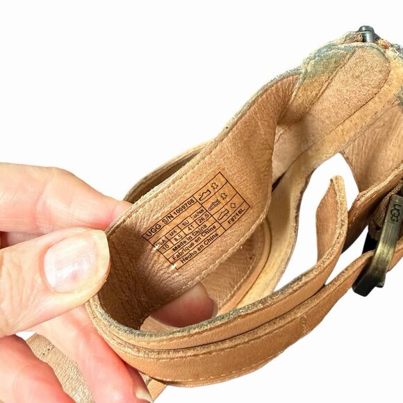 UGG 10 Char Ankle Strap Wedge Sandals Brown Leather Open Toe Comfort - Picture 2 of 10